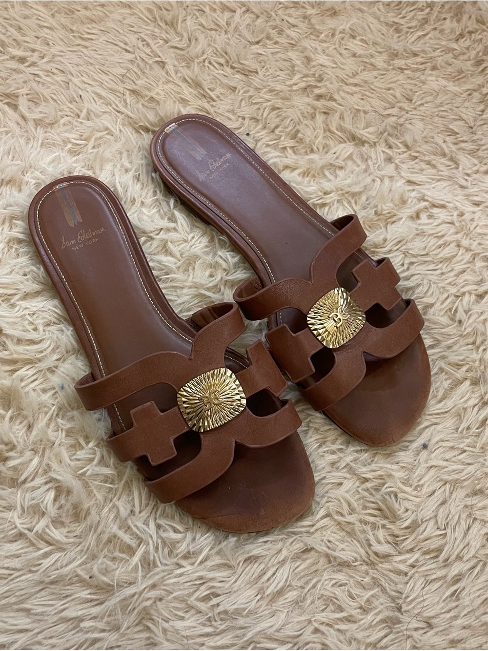 Sam Edelman Brown Leather Slide Sandals with Gold Medallion